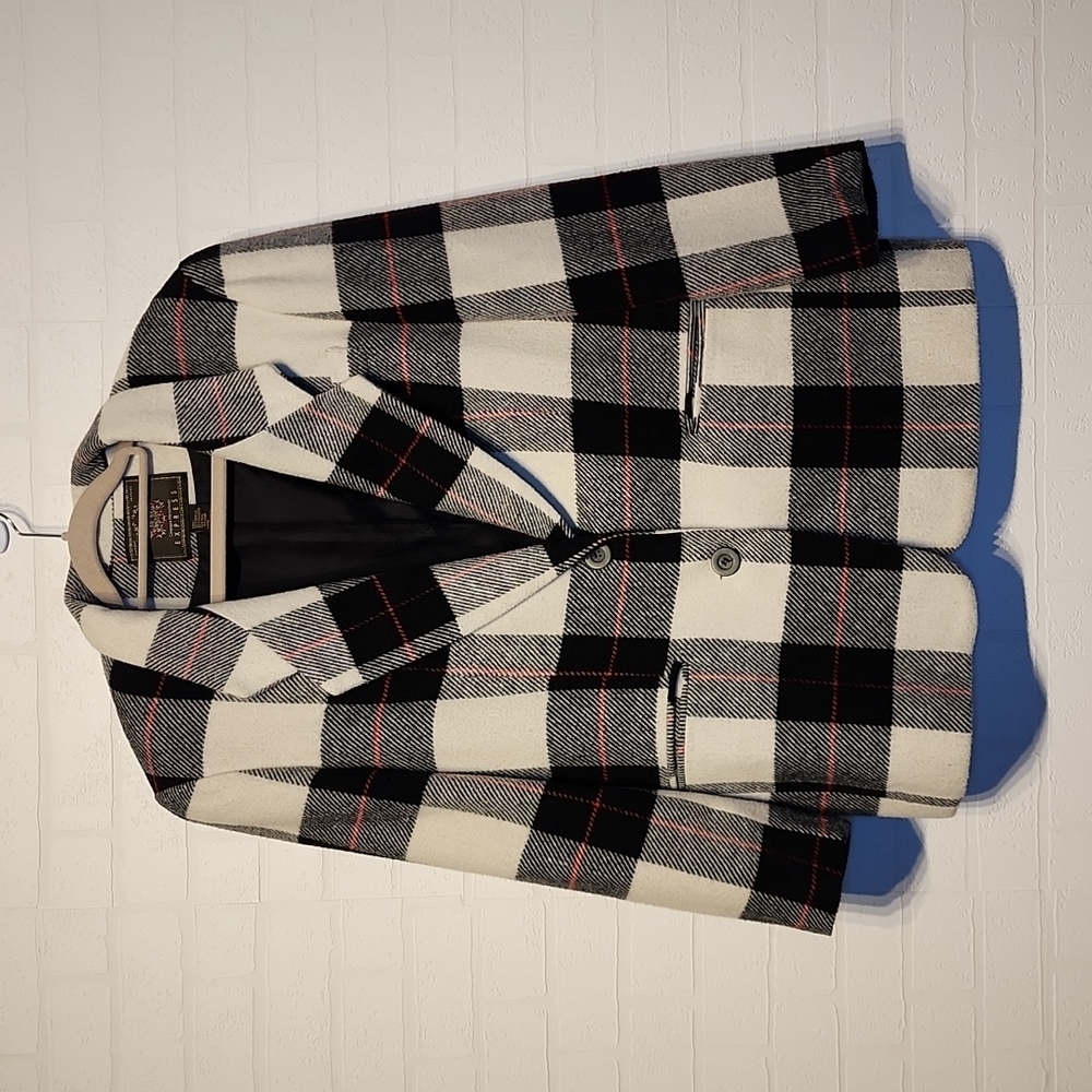 Vintage Express Oversized Wool Plaid Blazer Jacket Black and White sz Medium